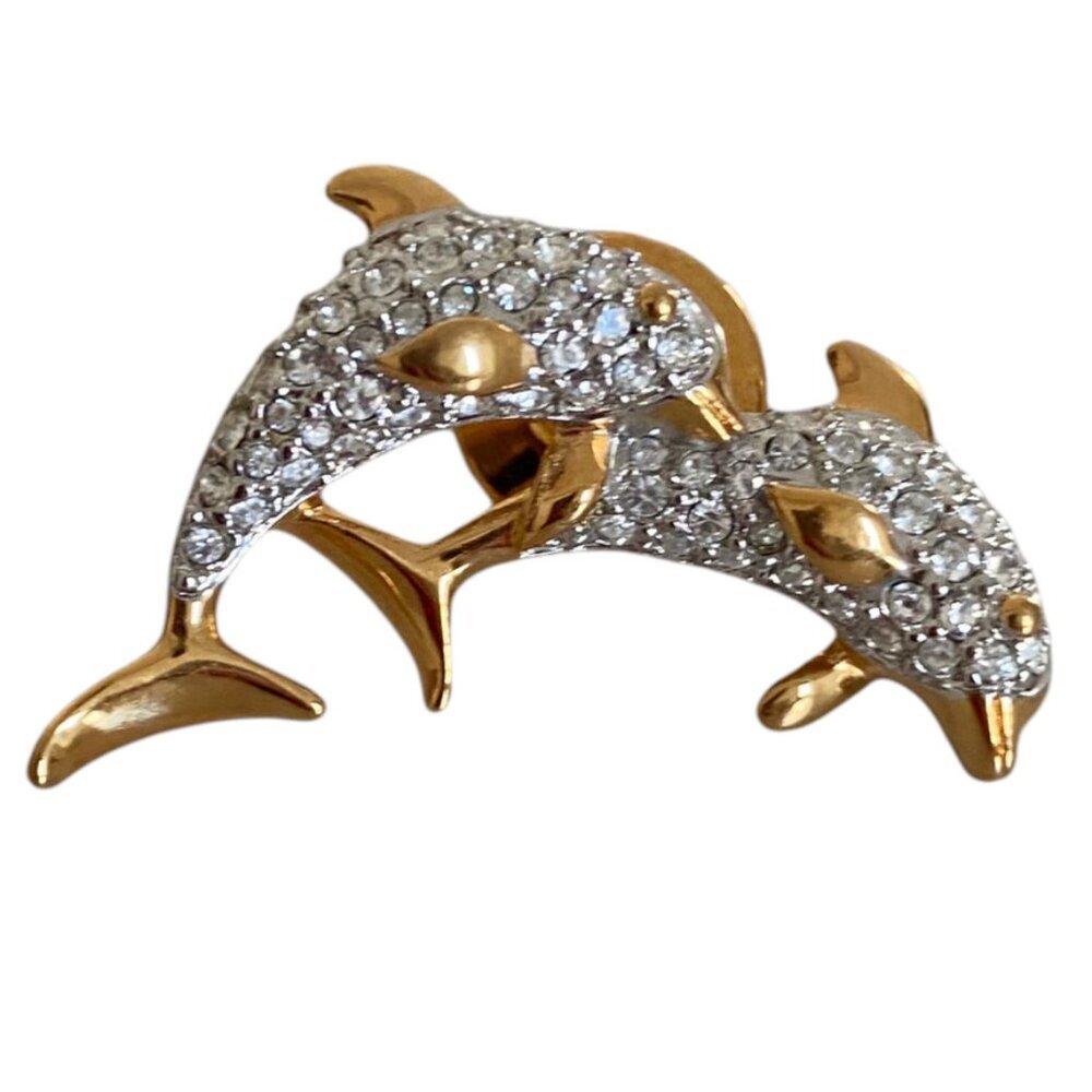 VTG Swarovski Crystal Dolphins Lapel Hat Jacket Pin Gold tone Signed